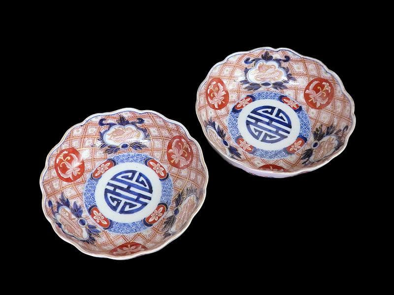 古伊万里　金襴手　菊花四方襷紋に吉祥紋の図　膾皿　2客　D960AS-fbtt