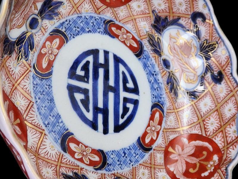 古伊万里　金襴手　菊花四方襷紋に吉祥紋の図　膾皿　2客　D960AS-fbtt