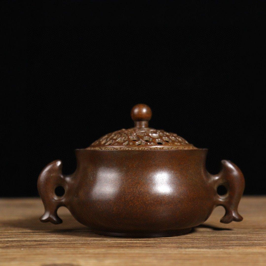 銅製 双魚耳香炉 室内盤香炉 茶道香り炉 香道具 工芸品 置物