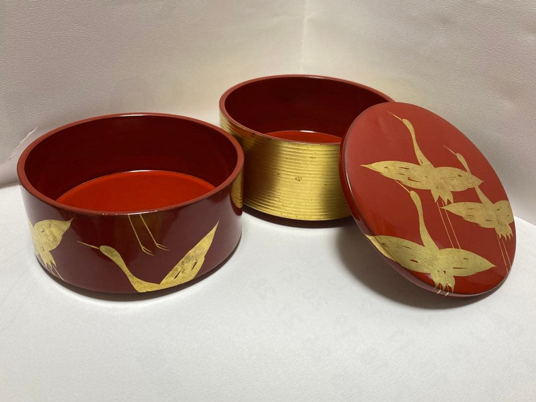 山田平安堂 翔鶴 二段重 直径12㎝ 金箔重箱 お弁当にも