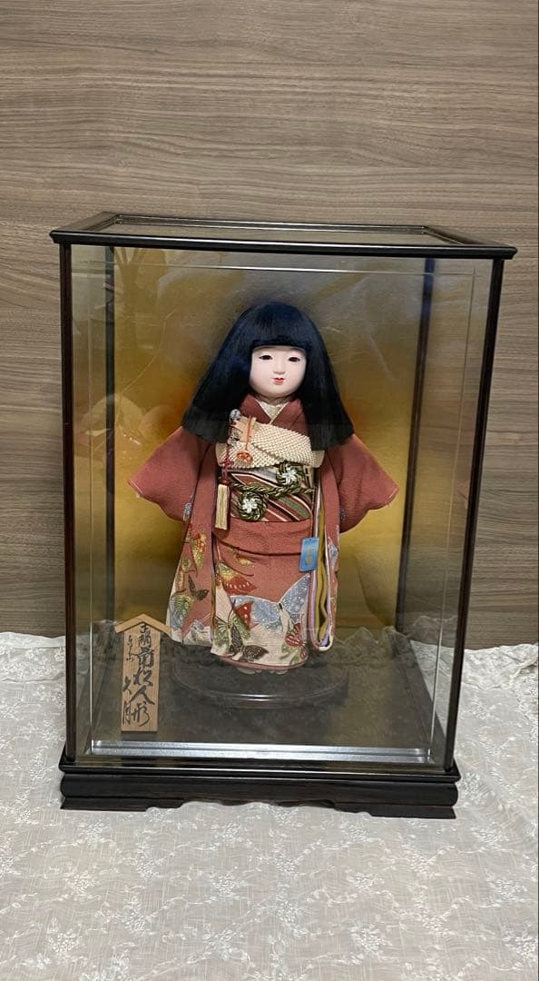 【極美品】★久月「正絹 市松人形」13号／ガラスケース付き★