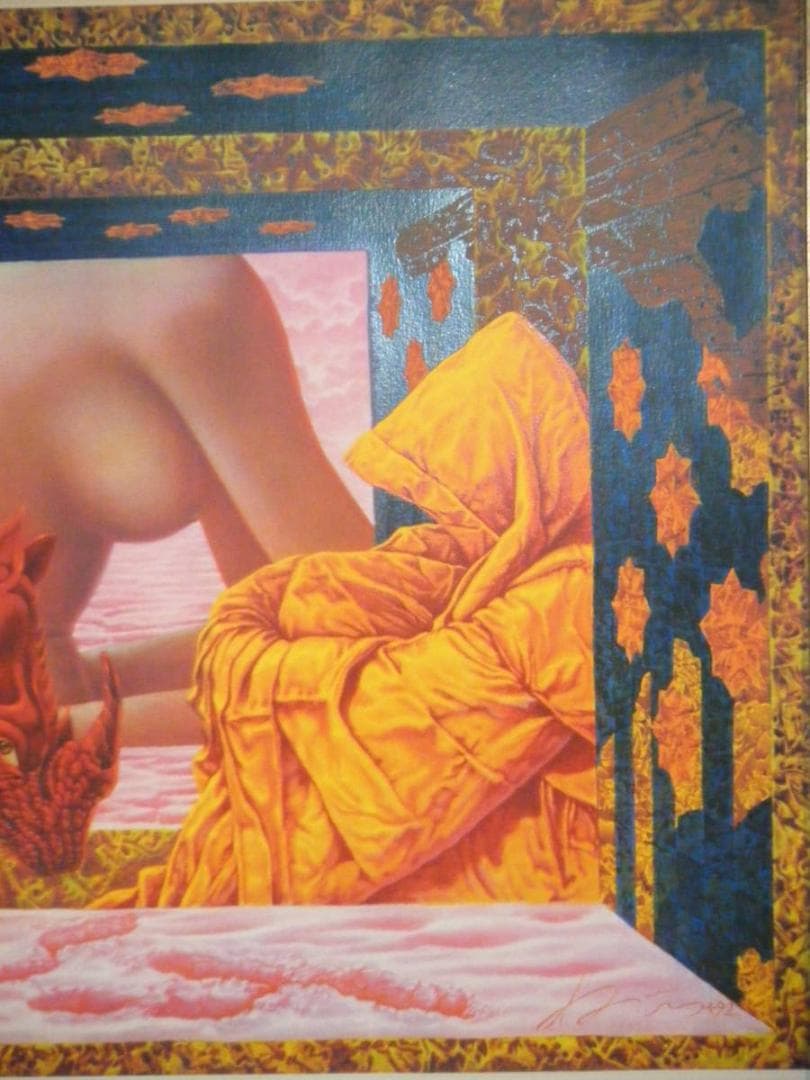 版画　作者不詳　サイン有　ジクレー　寂しい赤いサイ　名品　P193