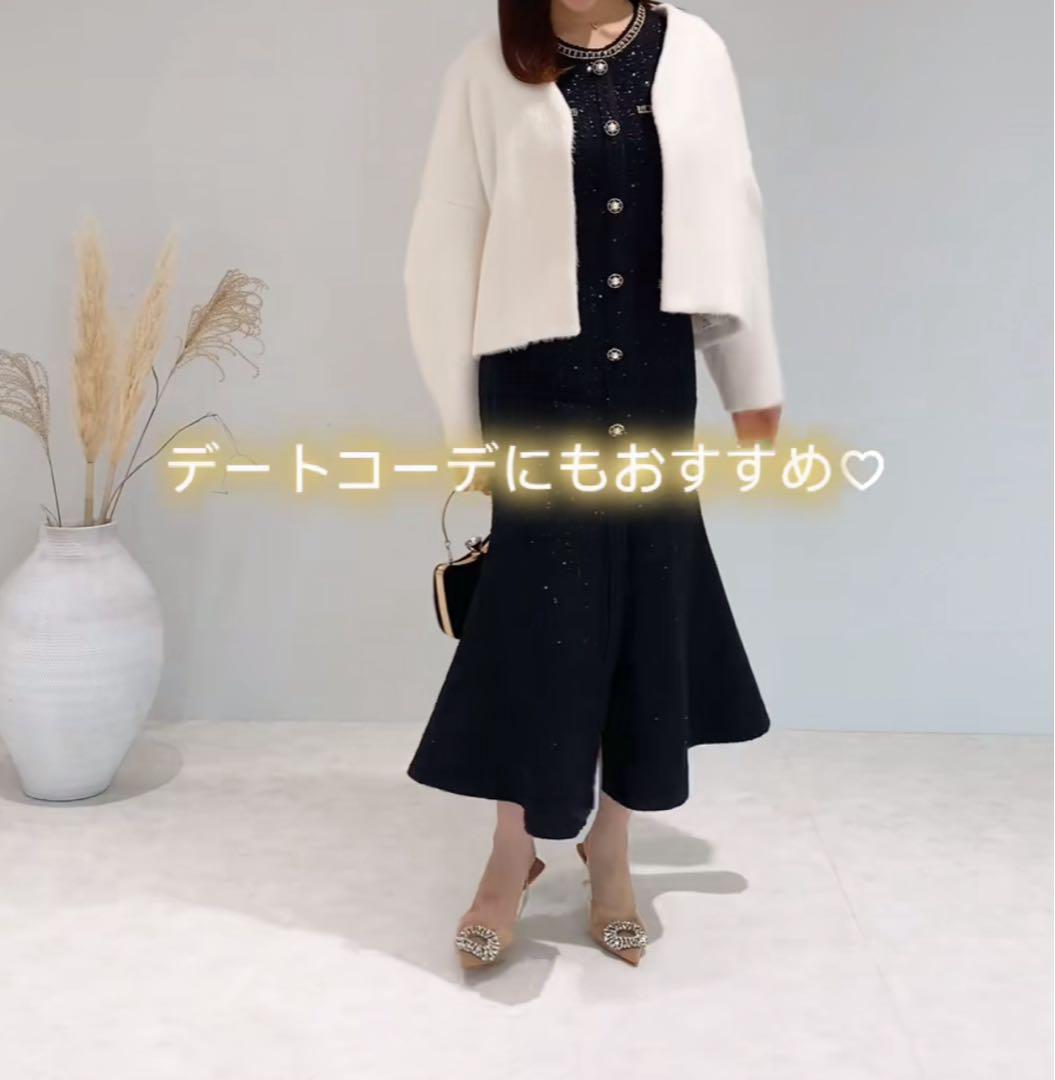 値下げ中❗️LEJA ラメツイードレザーパイピングパールマーメイドワンピースドレス