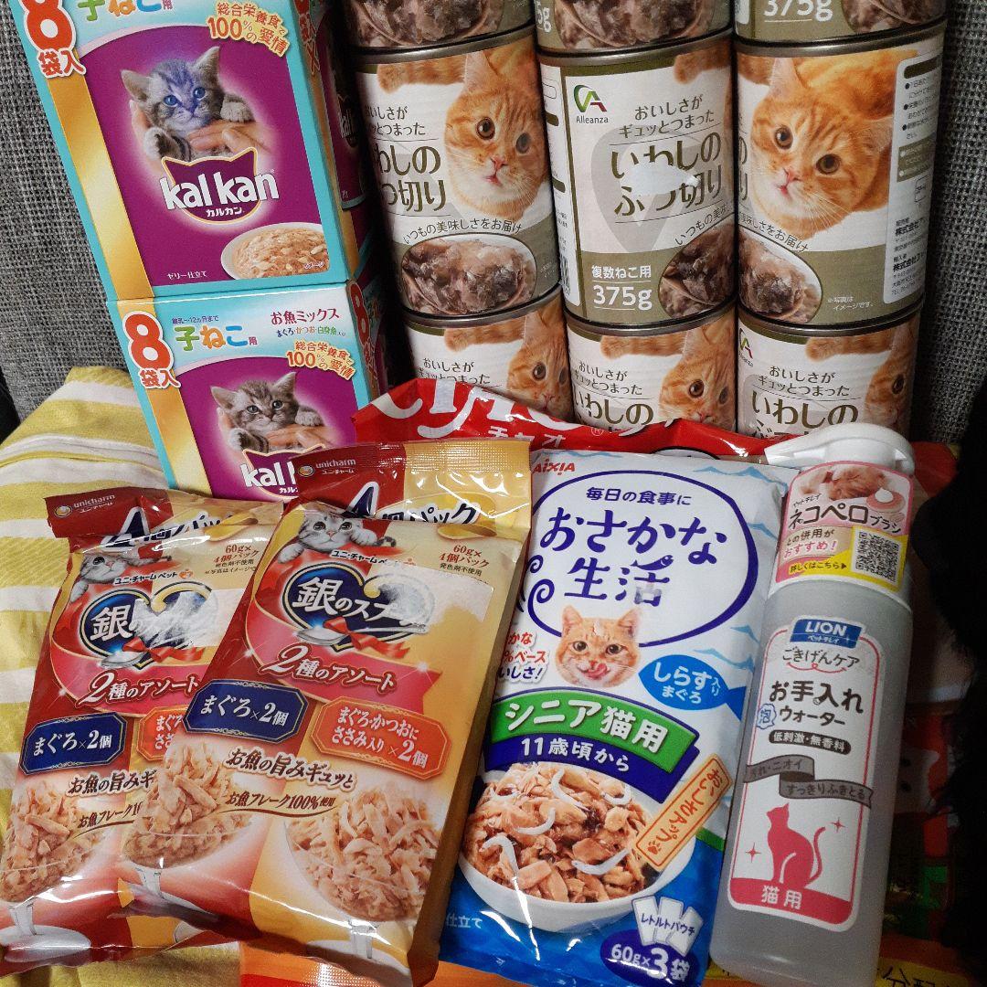 カルカン24袋、チュール40本 、銀のスプーン×２、375g缶詰9缶他