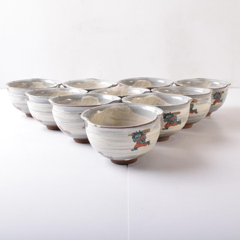 茶道具　萩焼　色絵金彩　鬼図福字　数茶碗　三十一客　在銘　V　7696A