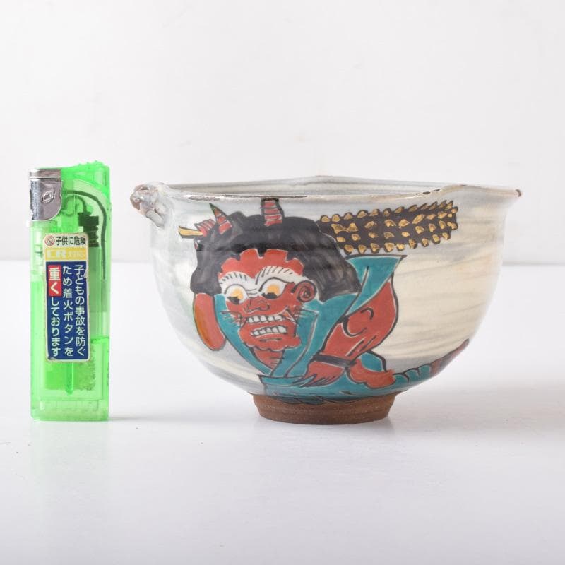茶道具　萩焼　色絵金彩　鬼図福字　数茶碗　三十一客　在銘　V　7696A
