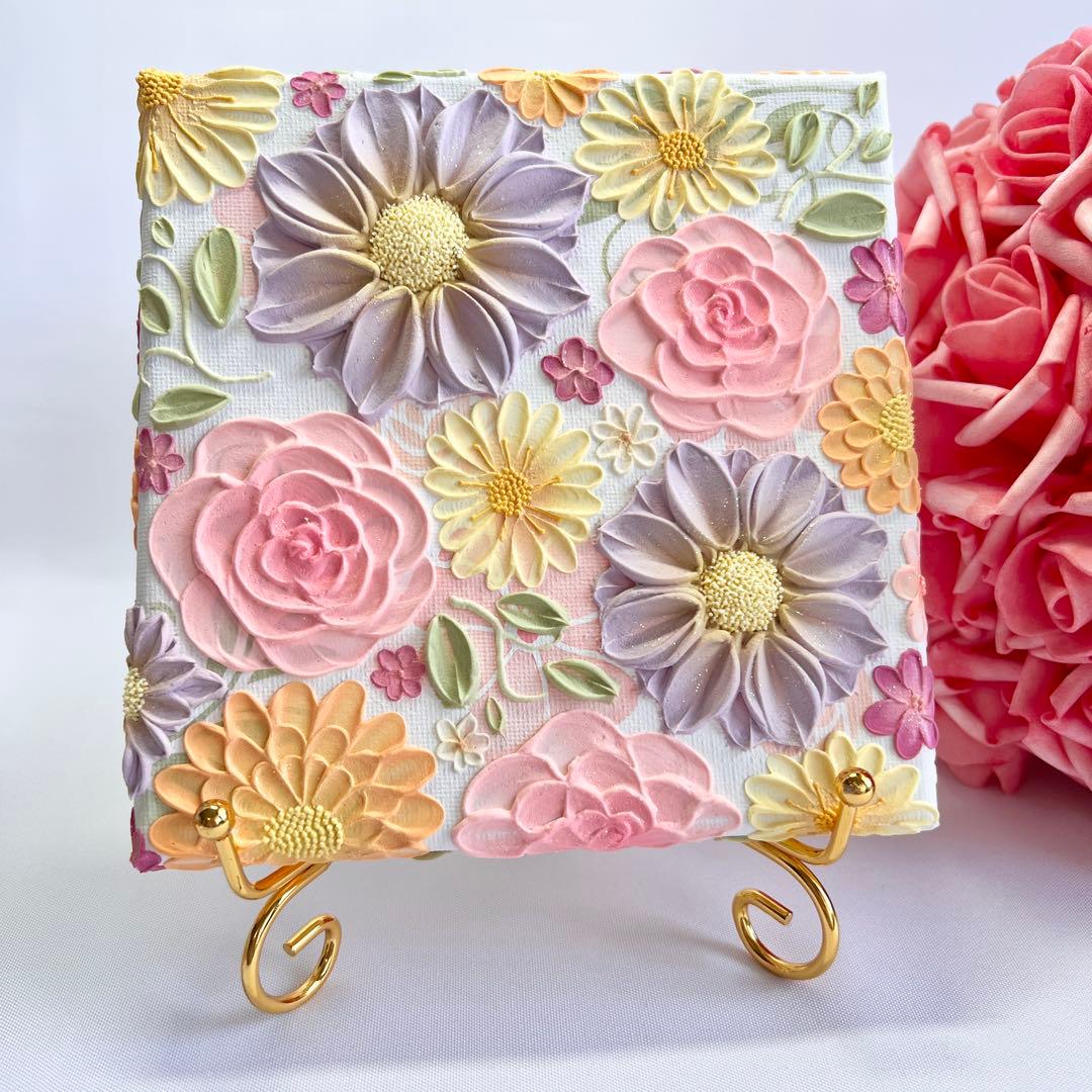 melia　テクスチャーアート　絵画　インテリアアート　立体　絵　北欧　花の絵