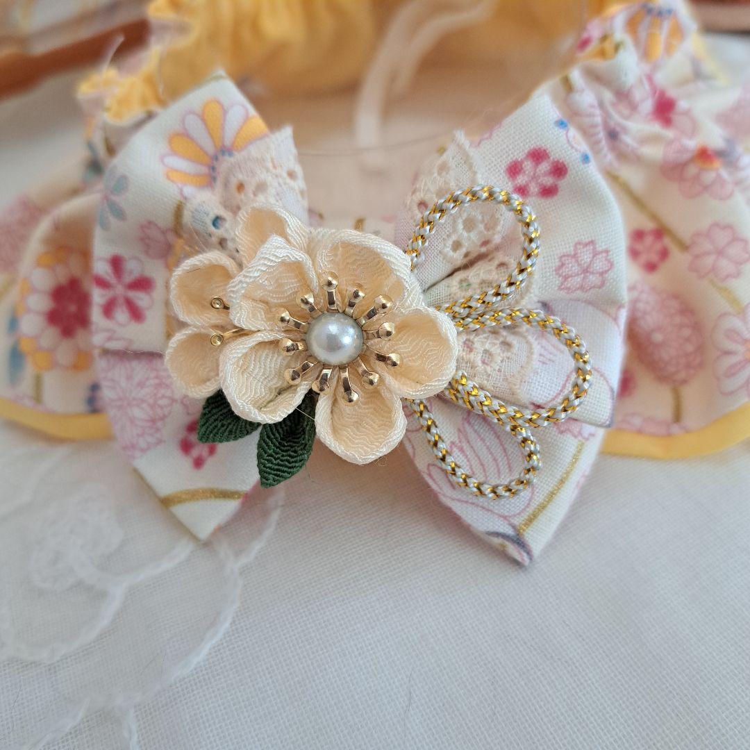 幅広シュシュ、和風妻み細工(クリーム)わんちゃん猫ちゃん用