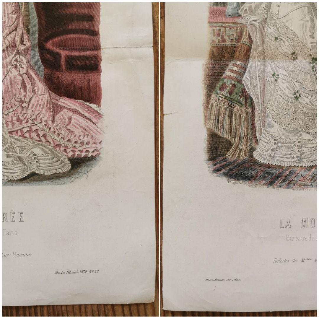 19世紀アンティーク銅版画 新婦と姉妹/友人 花実装飾ウェディングドレス 手彩色