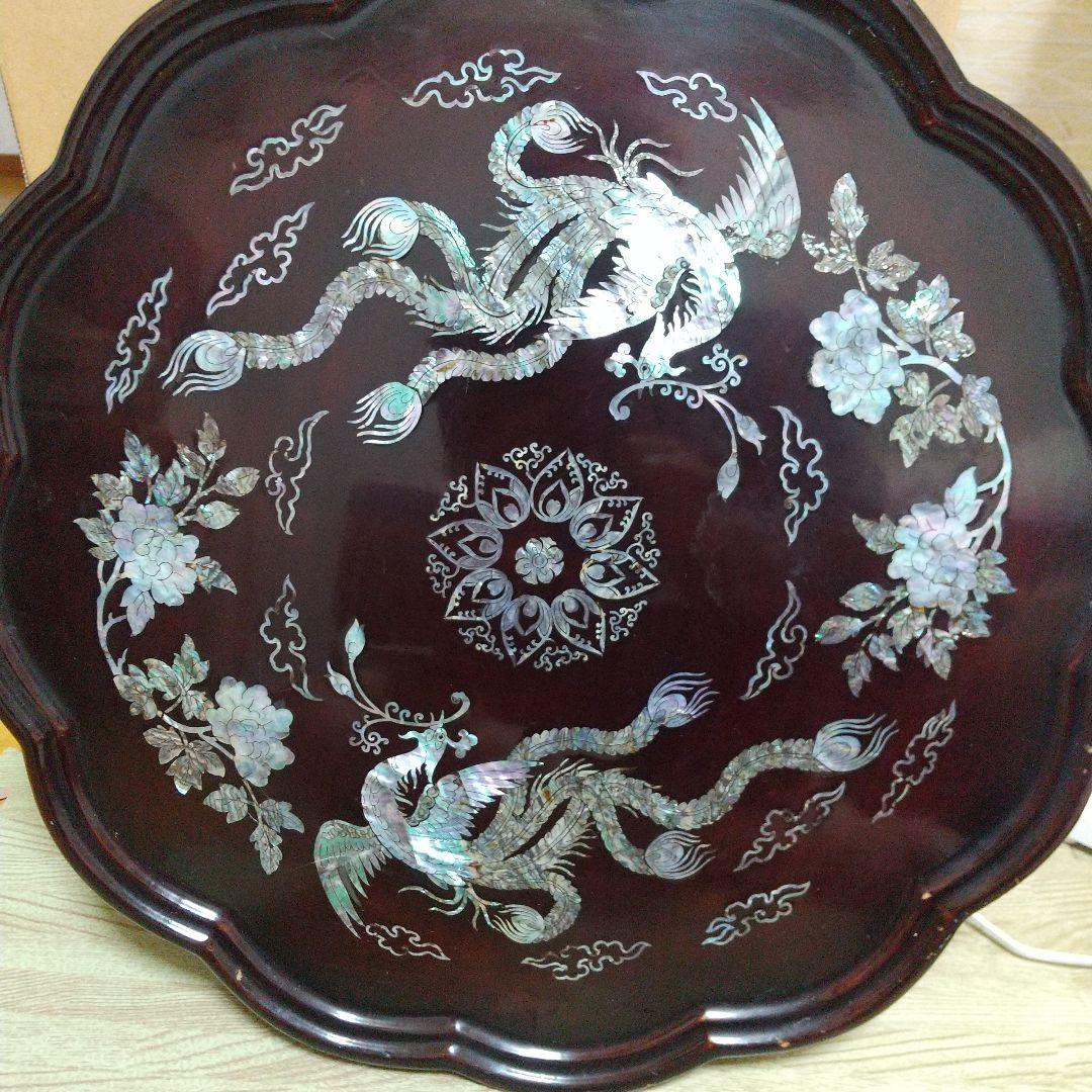 花と龍の象嵌 八角形木製座卓