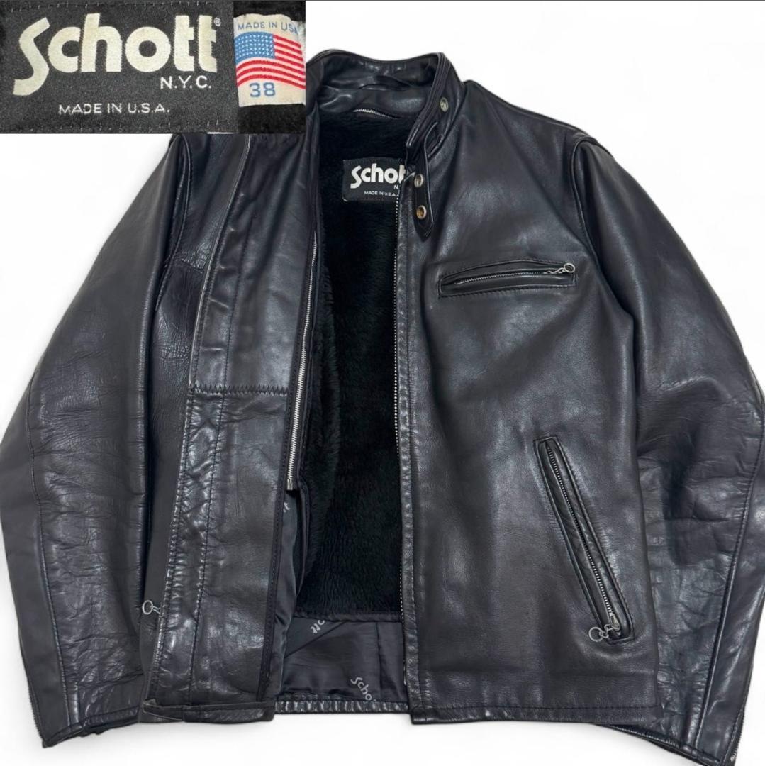 Schott ブラックレザー シングルライダースジャケット 38