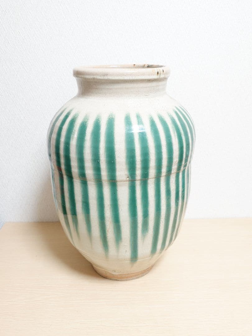 信楽焼？茶壺 大壺 すだれ壺 ストライプ柄 明治 アンティーク 骨董 中古品