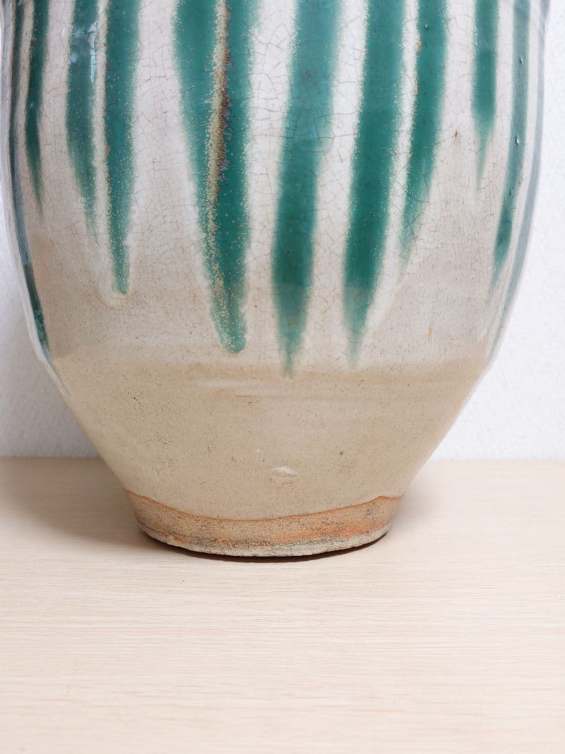 信楽焼？茶壺 大壺 すだれ壺 ストライプ柄 明治 アンティーク 骨董 中古品