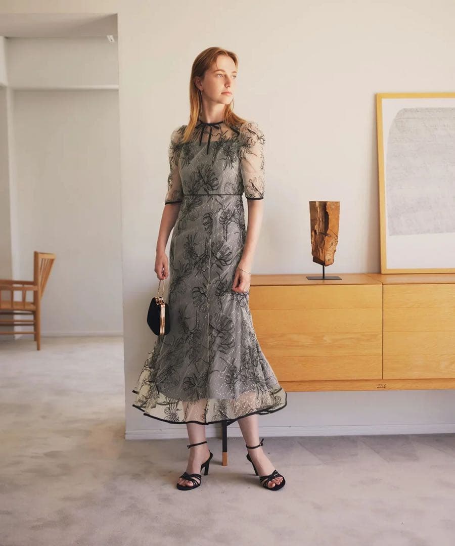 【美品】Leja花柄リボンパフスリーブマーメイドワンピースドレス