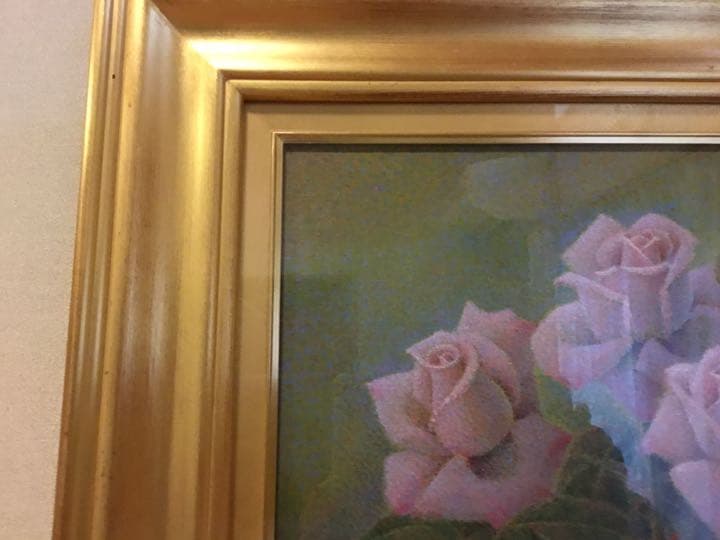 お値下げ　油絵　佐藤哲郎　麗しい薔薇の絵　『爽風』　一滴の雫　美しい点描画　４号