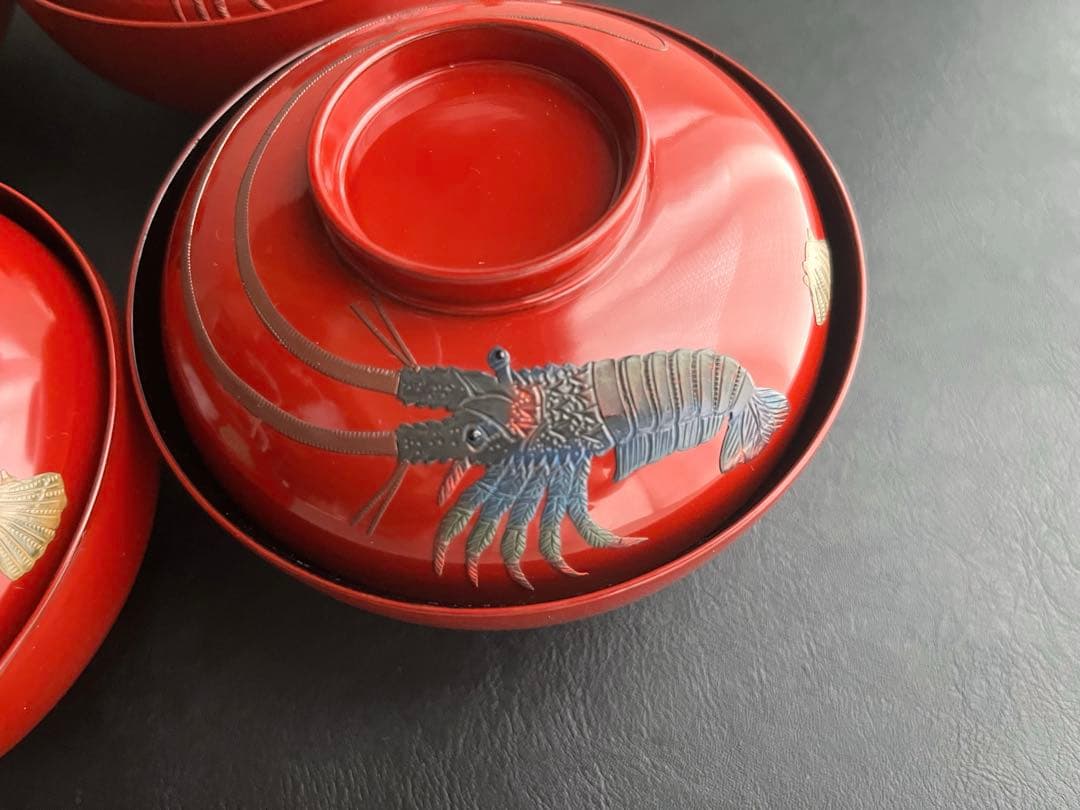 宮崎漆器　琉球ぬり　海老　えび　蓋付き椀　お椀　5点