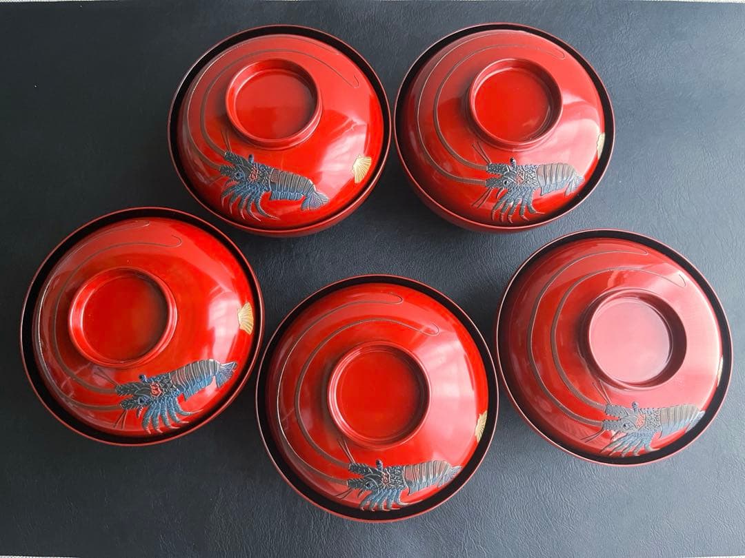 宮崎漆器　琉球ぬり　海老　えび　蓋付き椀　お椀　5点