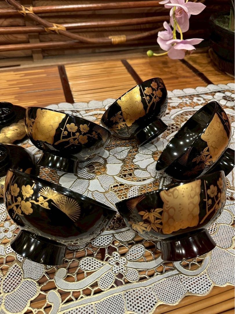 未使用 最高級 特選漆器 会津塗 吸物椀 セット 金彩 松竹梅