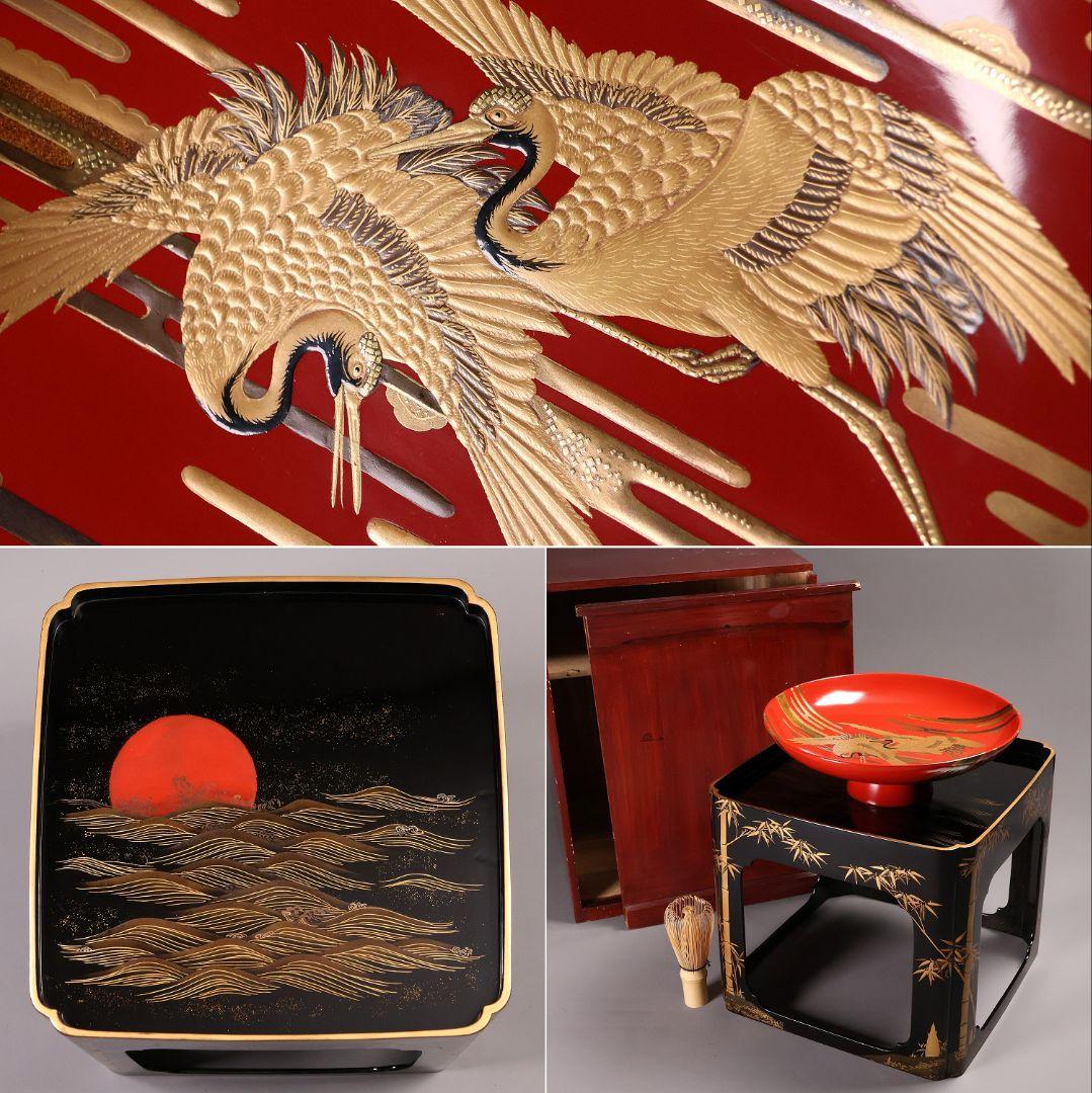 【MA806】時代 加賀蒔絵 日の出鶴 竹 金蒔絵 大盃・盃台 木製漆器 杯