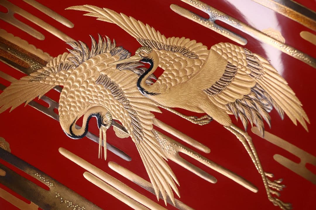 【MA806】時代 加賀蒔絵 日の出鶴 竹 金蒔絵 大盃・盃台 木製漆器 杯