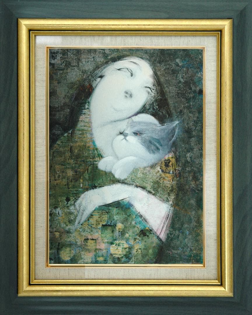 油絵 菅家令子絵 絵画インテリア額付(青緑＋金色の枠)F4-030719祈り母子