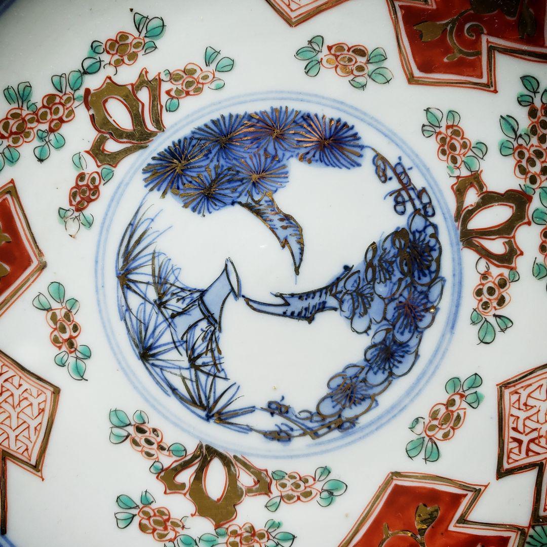 皿 古伊万里 明治 大正 色絵付 金彩 松竹梅 梅 花唐草 訳あり 欠け