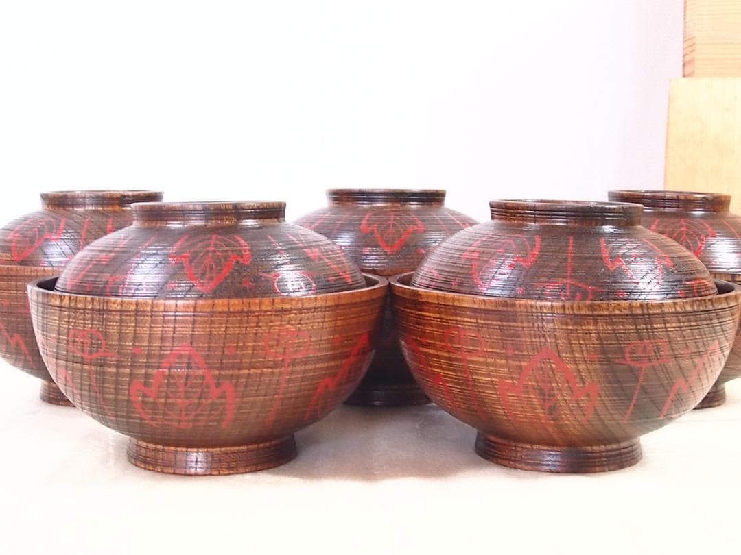 【良品】輪島塗 小崎清人 木地呂 吉野絵 煮物椀 5客 雑煮椀/大椀 漆器/食器