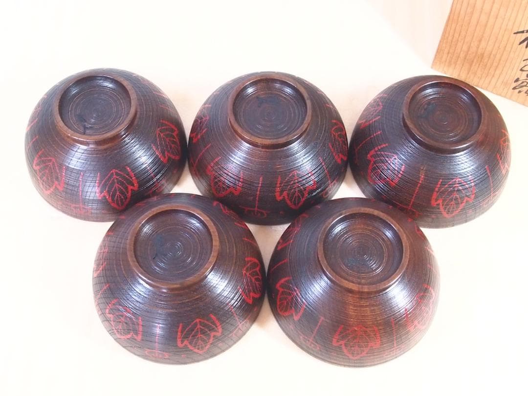 【良品】輪島塗 小崎清人 木地呂 吉野絵 煮物椀 5客 雑煮椀/大椀 漆器/食器