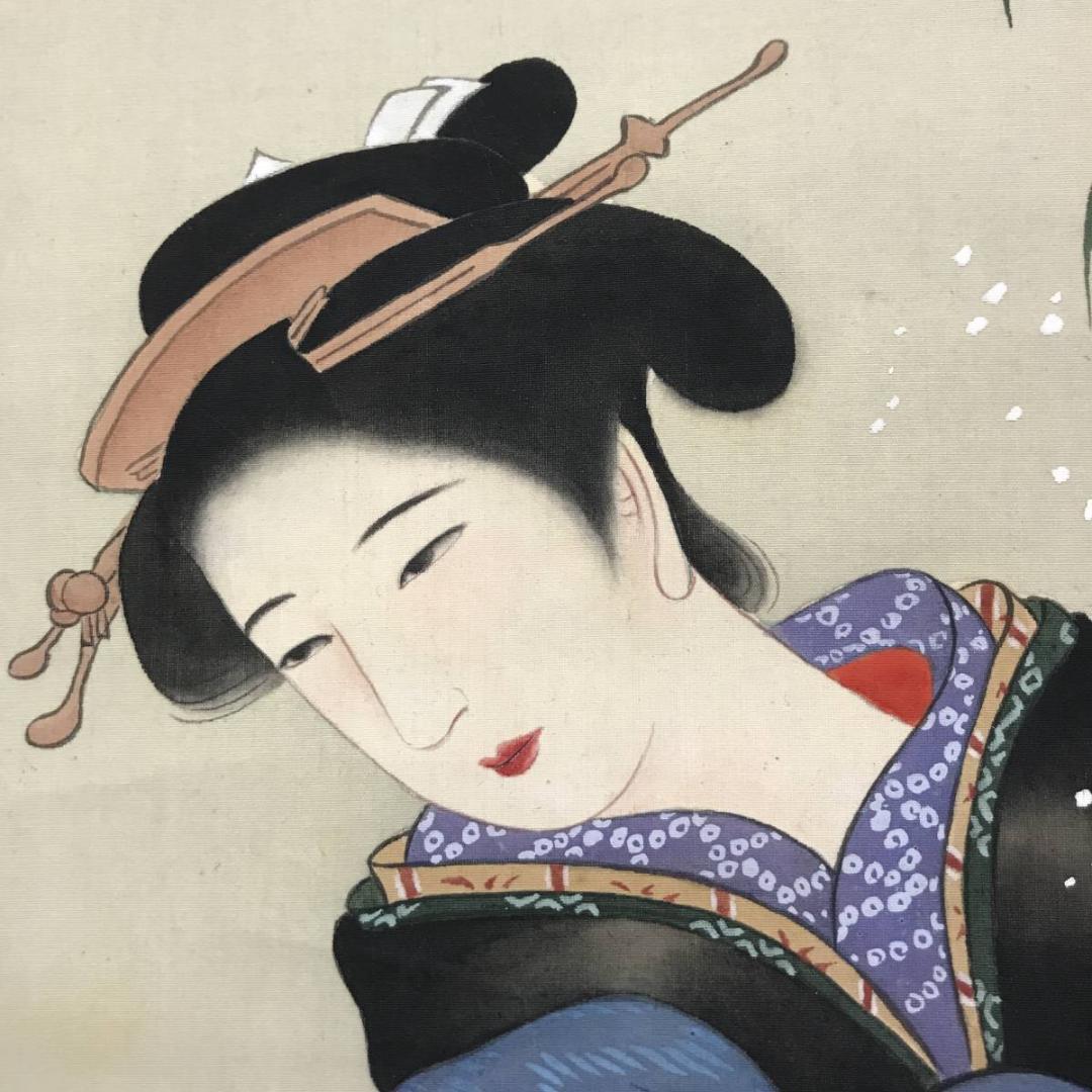 【真作】草人/雪椿美人画/美人図/掛軸/名家伝来/AC-290