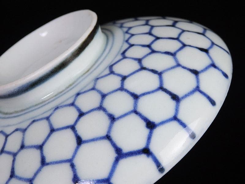 古伊万里　染付　亀甲紋の図　蓋茶碗　江戸期　E212AS-fbip