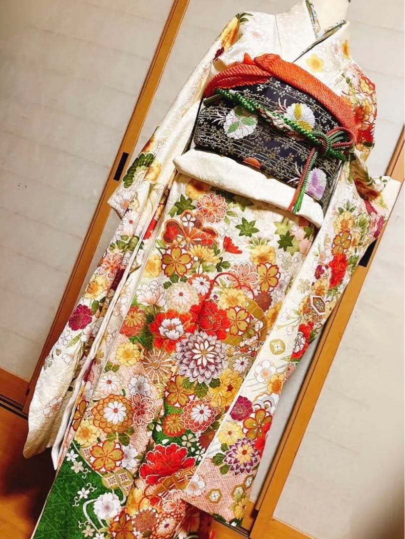 振袖　白　ホワイト　緑　振袖フルセット　成人式　結婚式　結納　袋帯