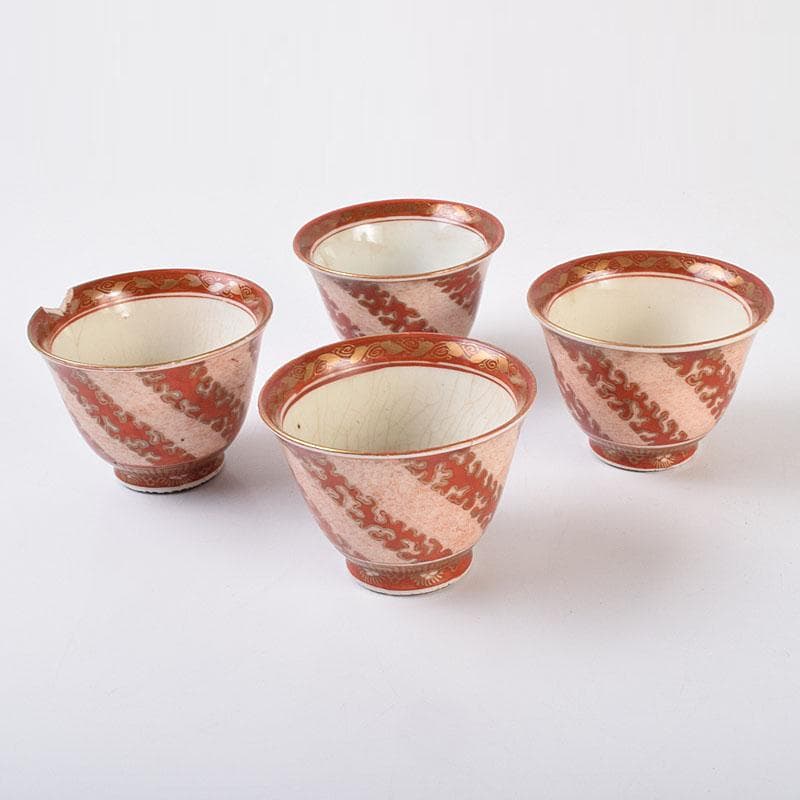 九谷焼　九谷製　赤絵金彩　煎茶碗　盃　四客　V　R9177