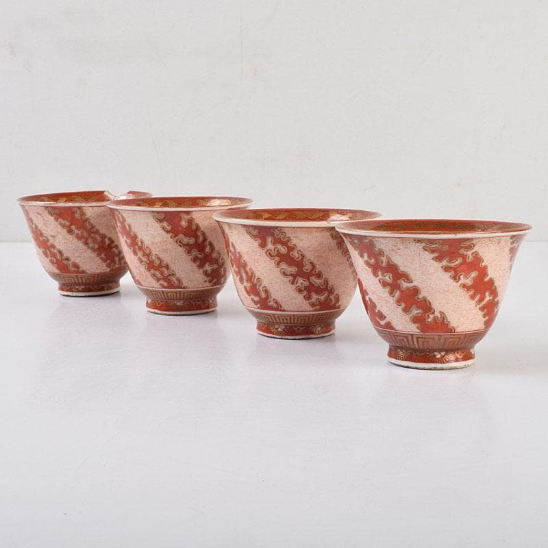 九谷焼　九谷製　赤絵金彩　煎茶碗　盃　四客　V　R9177