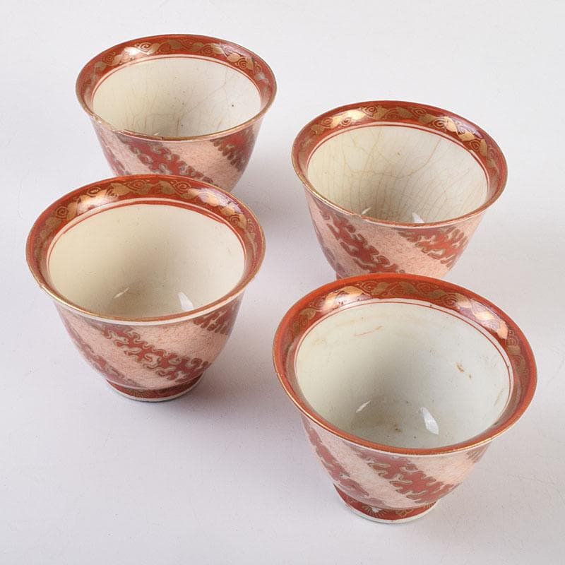 九谷焼　九谷製　赤絵金彩　煎茶碗　盃　四客　V　R9177