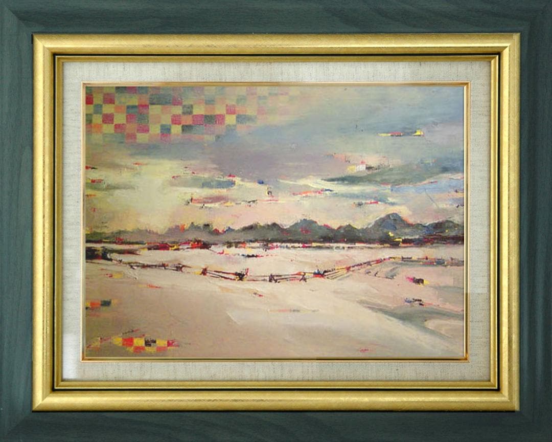 油絵 菅家令子 絵画インテリア額付(青緑＋金色の枠)uF6-060204 風景雪