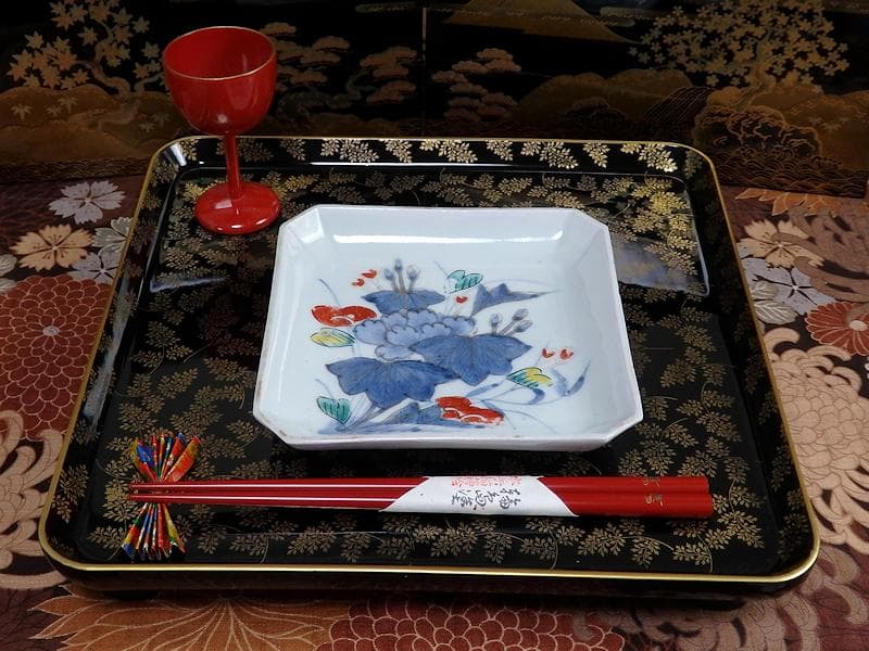 古伊万里　染錦　牡丹の図　角皿　５枚　C590AS- BLz