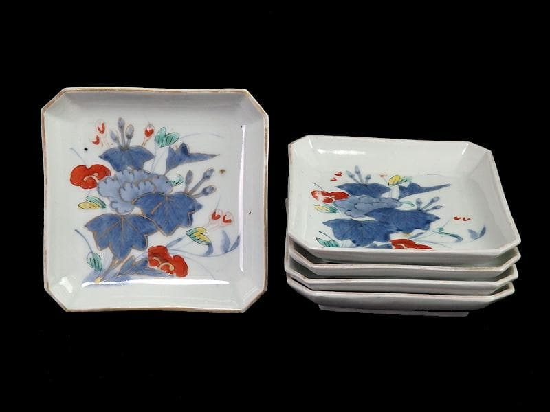 古伊万里　染錦　牡丹の図　角皿　５枚　C590AS- BLz