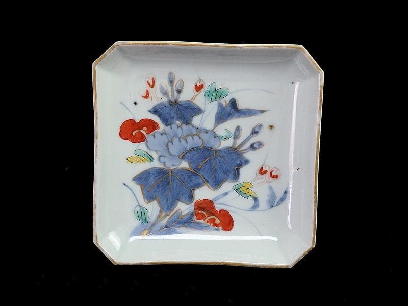 古伊万里　染錦　牡丹の図　角皿　５枚　C590AS- BLz