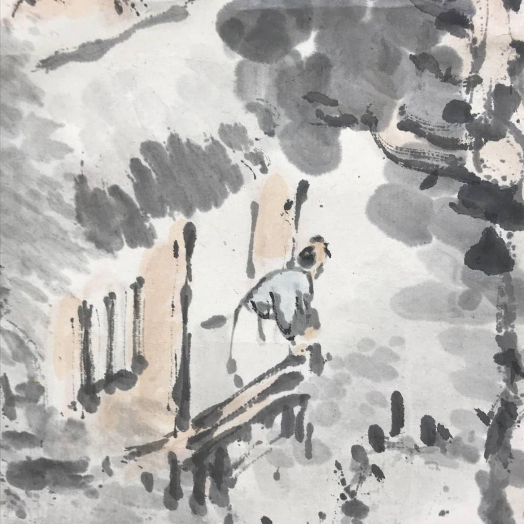 【真作】春隣/夏山山水人物図/山水図/夏山井波/掛軸☆宝船☆AD-616