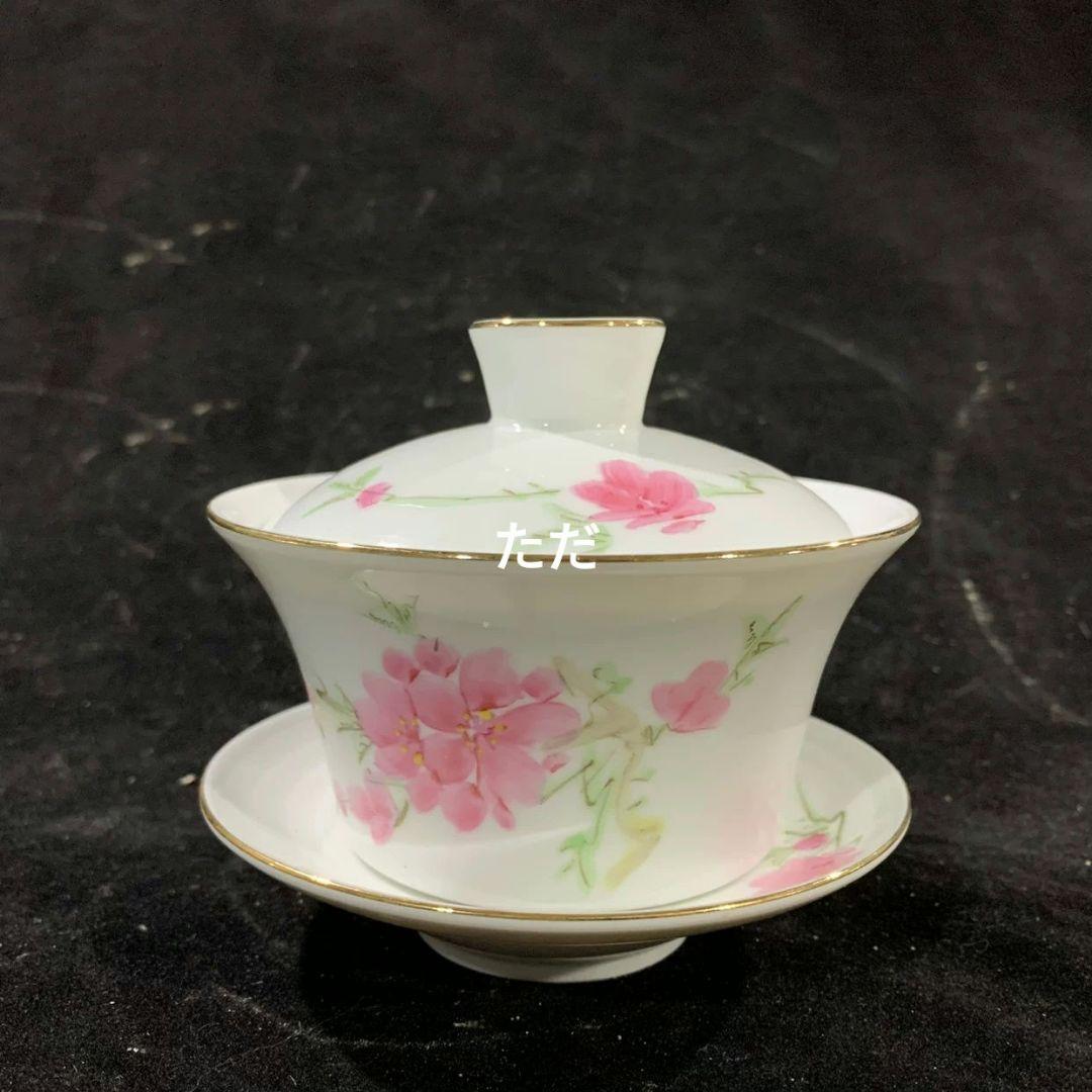 手绘水点桃花描金三才盖碗 中国茶器景徳镇 蓋付き 飲茶食器 煎茶具 未使用品