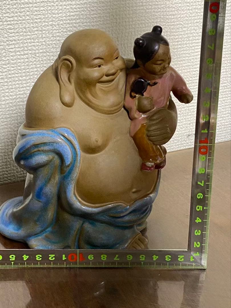 中国陶器 置物 石湾陶弥勒抱童子件 時代物