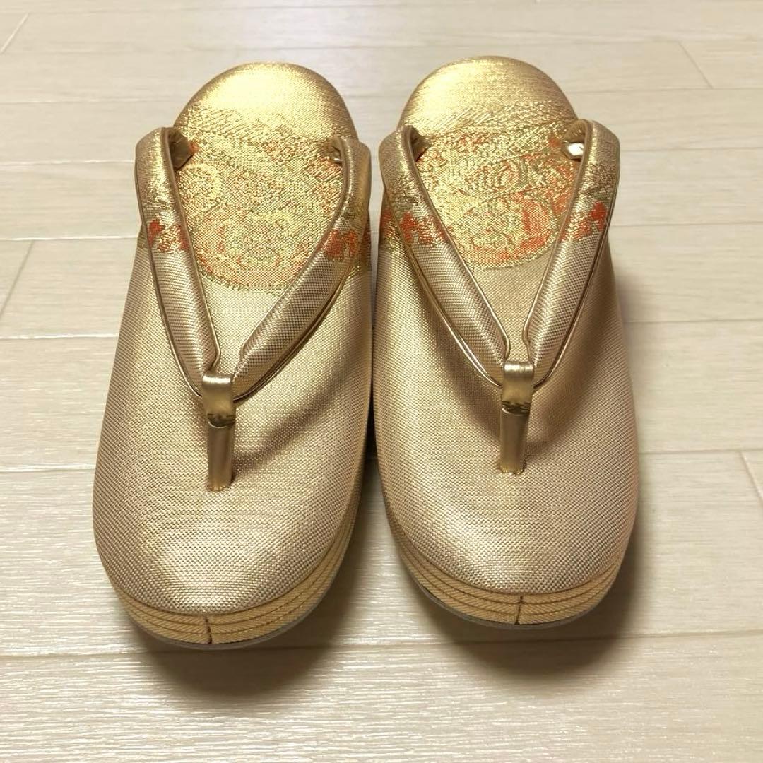 《美品・箱付き》佐賀錦　草履バッグセット　東京芝山　正絹　ゴールド　厚底