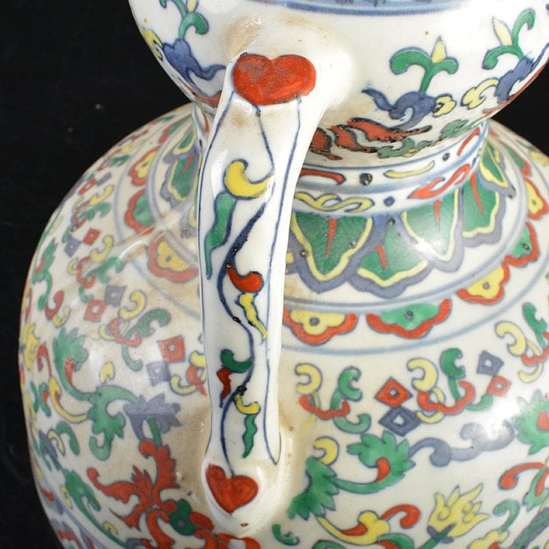 中国　大清乾隆年製　豆彩　花弁文　双耳瓶　V　R7038