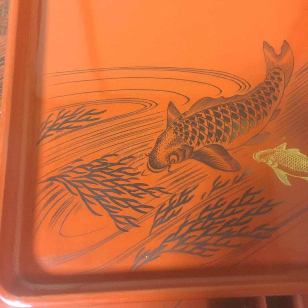 時代物　朱漆会席膳　　漆器懐石膳　5客　　　鯉図　　明治期　アンティーク　骨董