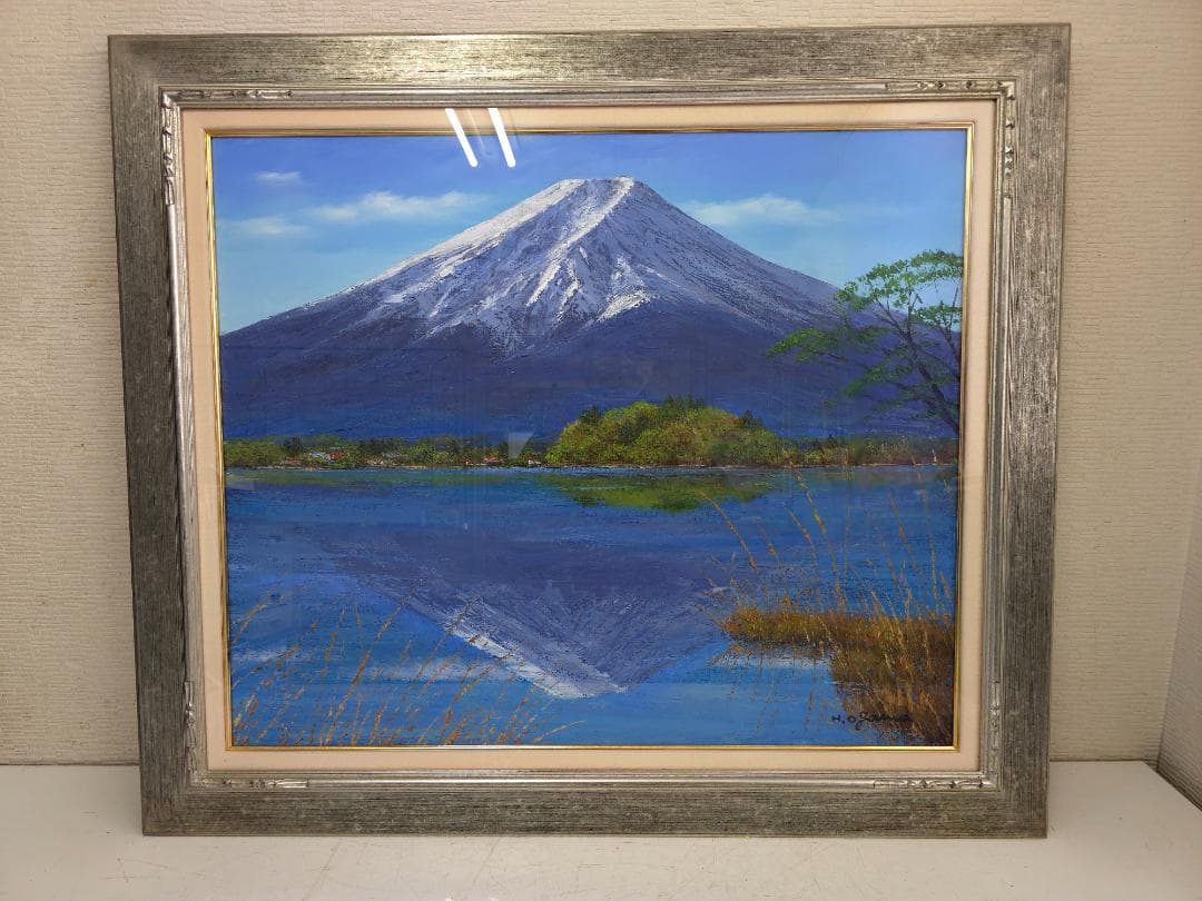 M▽小川久雄 富士山と河口湖 油彩 絵画 額縁 (38205)