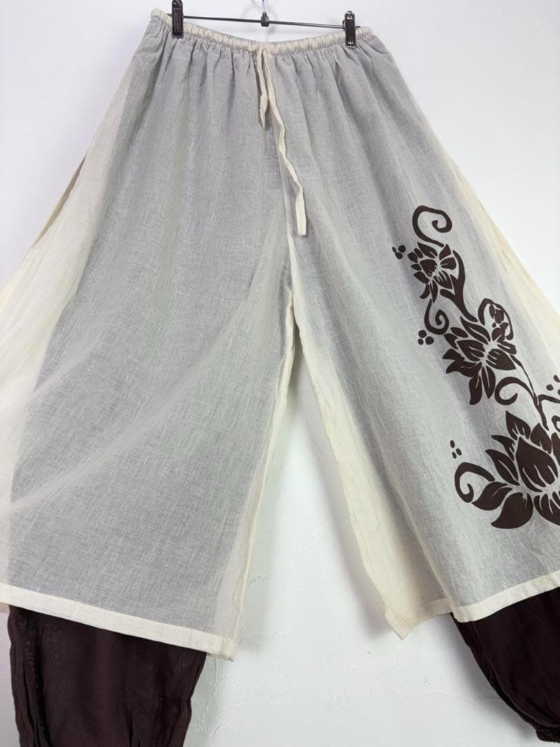 【新品】タイパンツ　二枚重ね　ハス柄　シアーコットン　男女兼用　ブラウン