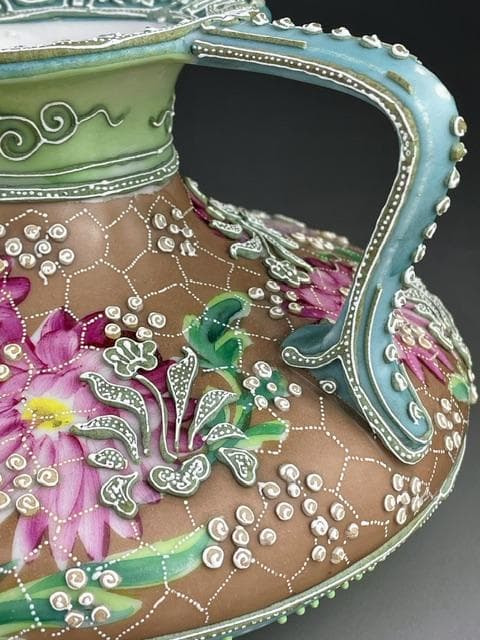 【希少】オールドニッポン 花絵地 一陳盛上げ アールヌーボー様式 花瓶 盛り上げ