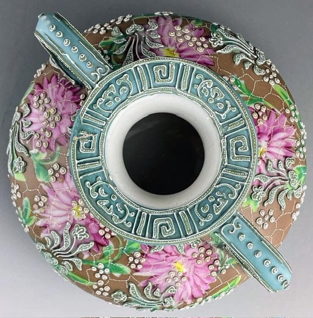 【希少】オールドニッポン 花絵地 一陳盛上げ アールヌーボー様式 花瓶 盛り上げ