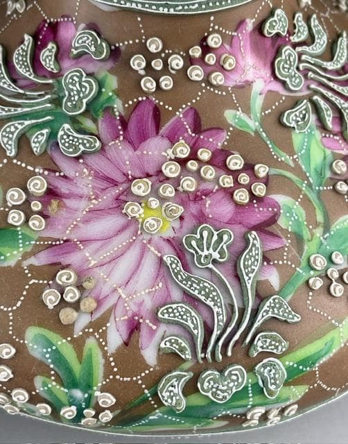 【希少】オールドニッポン 花絵地 一陳盛上げ アールヌーボー様式 花瓶 盛り上げ