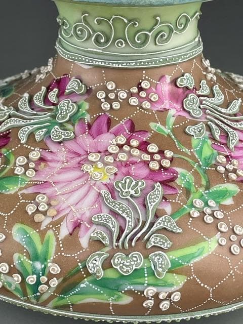 【希少】オールドニッポン 花絵地 一陳盛上げ アールヌーボー様式 花瓶 盛り上げ